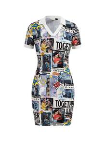 FRIENDS X SHEIN 女士身形和字母印花撞色修身連身裙 - 灰色 - 查看 1