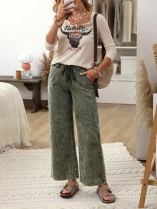 Damen Lässig Loose Fit Weite Bein Jeans mit Taschen