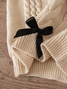 SHEIN Toddler Girls' Colorblock Bow Decor Turtleneck Long Sleeve Sweater Fall Winter - Khaki - View 10