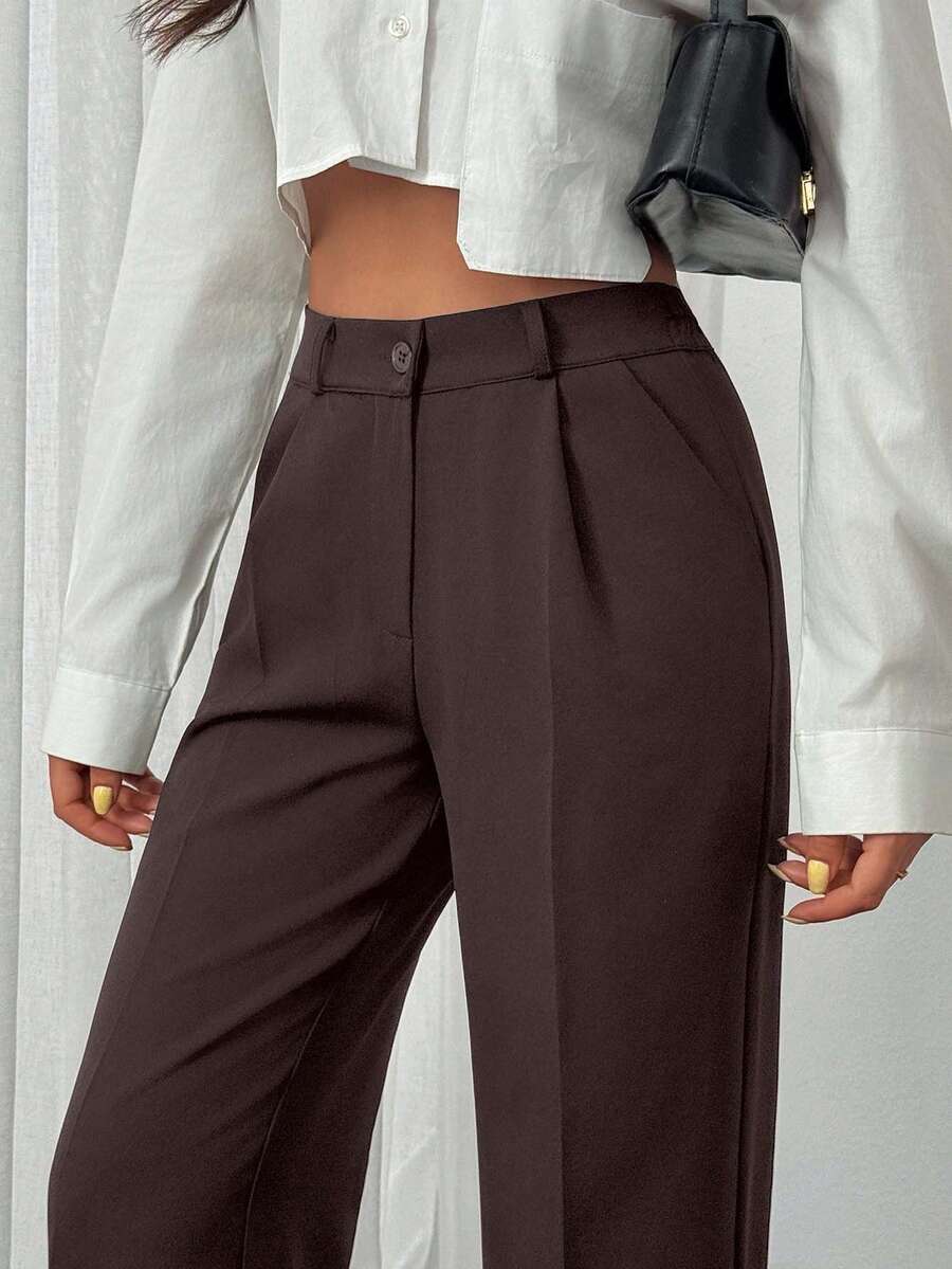 EURMUSE Pantalones con cinturón clásico, diseño de cintura alta, frente plisado, atuendo de negocios, corte de pierna recta, uso profesional, ajuste a medida, moda de oficina, pantalones formales, estilo casual elegante, líneas limpias, estilo tradicional, prenda esencial para el guardarropa laboral, tela de calidad, apariencia sofisticada, ropa corporativa, silueta moderna - Marrón - Ver 1