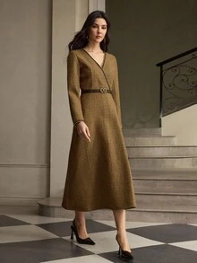 ZEYLAH Vestido elegante de manga larga con cuello en V y largo medio para mujeres - Café - Ver 6