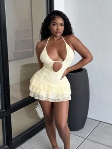 Alexandranx Women's Solid Color Halter Open Back Sexy Mini Dress,Party Dress - Yellow - View 5