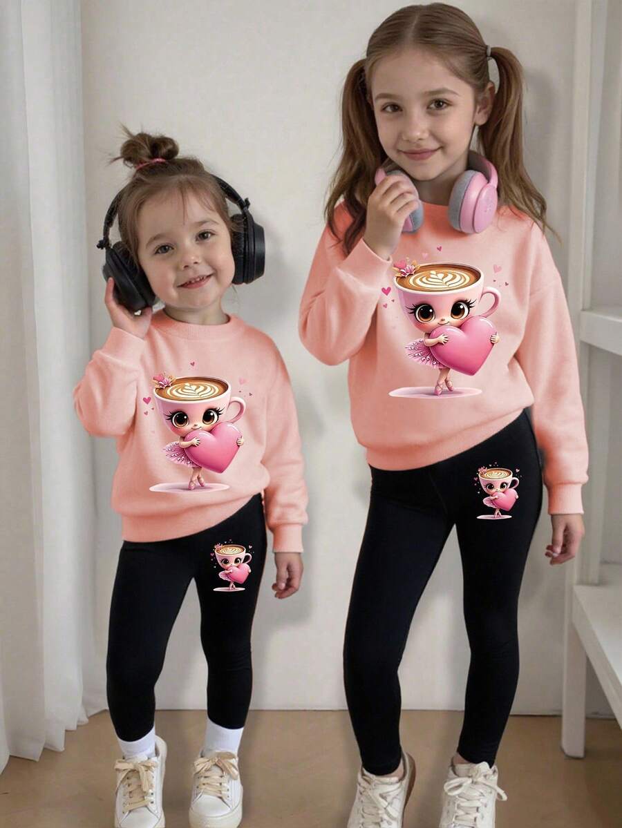 Bộ quần áo cho bé gái gồm áo nỉ cổ tròn lông xù màu tím và quần legging, phong cách trẻ trung, phù hợp đi học, mùa thu, mầm non, sinh nhật, cho bé - Hồng - Xem 1