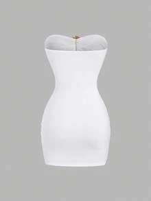 Sweetra Women's Sexy Fitted Strapless Metal Buckle Mini Dress