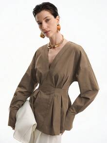 Aalyst 女士优雅褶皱衬衫，前后褶皱，长袖，适合办公室、通勤、度假和休闲穿着，春秋冬 - 摩卡棕 - 查看 3