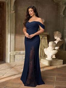 Aureia Gaun Pesta Pernikahan Formal Musim Panas Warna Biru Tua Elegan Ukuran Plus, Gaun Tanpa Bahu dengan Detail Kerut, Bordir Jala, Motif Bunga 3D, Belahan Palsu, dan Potongan Ekor Ikan. - Navy Blue - View 4