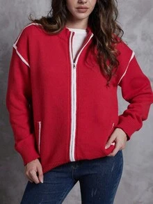 INAWLY Women's Christmas Cardigan Sweater Red Paneled With Pockets