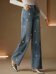 Anewsta Vintage Style Diamond Embellished Women's Straight Leg Blue Jeans - Blue - View 4