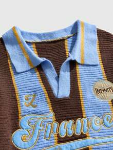 ROMWE MEN Prep 男士复古学院风橄榄球领针织毛衣，街头风格，秋冬 - 藍色 - 查看 3