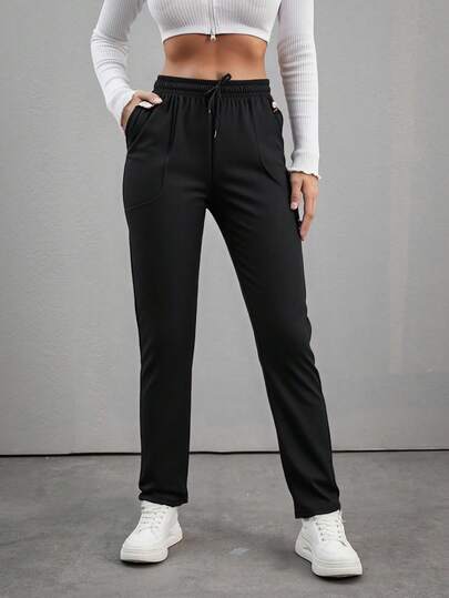 EURMUSE Solid Drawstring Waist Slant Pocket Sweatpants