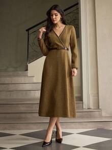 ZEYLAH Vestido elegante de manga larga con cuello en V y largo medio para mujeres - Café - Ver 5
