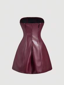 SHEIN MOD Women's Fashion Winter Set, Street Style Solid Color PU Leather Lapel Collar Flap Detail Cropped Jacket And Single-Breasted Tube Dress Set, Autumn,Burgundy Leather Suit,Burgundy Suit,Chic Women's Set ,,Fall - Burgundy - View 6