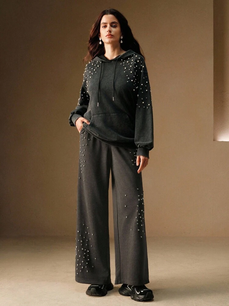Women's Casual Fashion Street Loose Elastic Waist Rhinestone Decor Slant Pocket Wide Leg Sweatpants