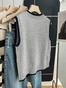 Franclia Casual Loose Crew Neck Sleeveless Knitted Contrast Trim Khaki Sweater Top For Women, Spring/Autumn - Grey - View 2