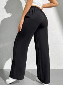 SHEIN PETITE 純色高腰扣帶寬腿褲 - 黑色 - 查看 2