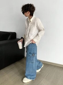 Tween Boy Fashion Casual Vintage Cool Street Patch Details Loose Comfortable And Refreshing Pocket Design Blue Cargo Loose Jeans For Dailywear And Spring To Summer Rave Festival And Streetwear - Blue - View 7