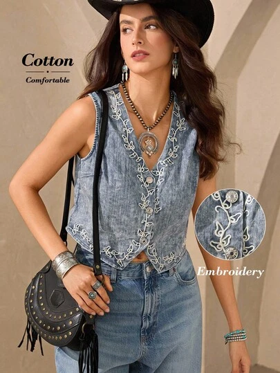 Wildy Blusa romántica de estilo chaleco con bordado blanco primaveral para mujer