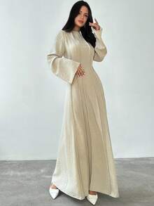 Firerie 女士杏色收腰 A 字长裙，简约百搭，腰部褶皱修身长袖 A 字女士连衣裙，亚麻飘逸长裙，商务休闲装，立领喇叭袖收腰 A 字连衣裙，优雅办公室女士日常连衣裙，春秋季 - 杏色 - 查看 7