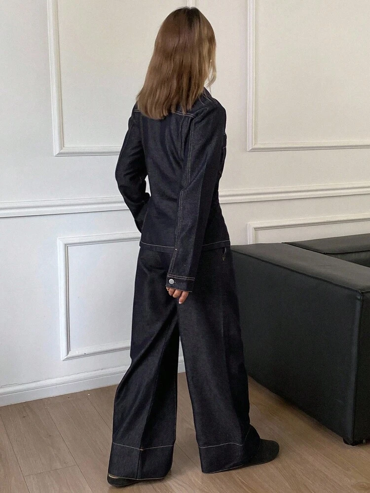 Western Cowgirl Vintage Stitching Decor Lapel Long Sleeve Fitted Pocket Wide Leg Casual Street Denim Suit For Women, Autumn/Winter