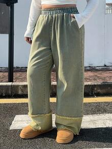 Dazy Plus Jeans vintage lavé bleu, jambes larges et amples, ourlet retroussé, taille élastique, grande taille, pour toutes les saisons