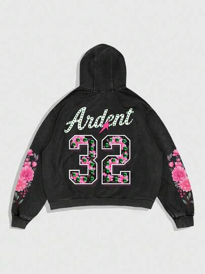 Goth Sudadera con capucha con cremallera y cordón, estampado floral y de letras, estilo casual y de moda para hombre, primavera/otoño