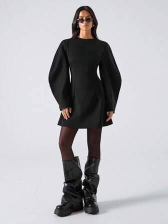 LYSMO 2025 New Arrival Minimalist Fall-Winter Women's Solid Color Simple Daily Wear Round Neck Long Sleeve Leg-Of-Mutton Sleeve X-Shaped Mini Dress, Black, Oversized Silhouette, Fashion-Forward, Simple Commuter, Casual