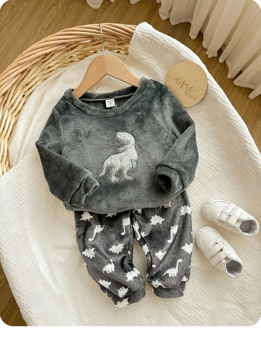 Baby Boy Cute Cartoon Pattern Fluffy Long Sleeve Pajama Set, Autumn/Winter Fall Baby Boy Versatile Casual Cute Cartoon Dinosaur Pattern Fluffy Long-Sleeved Trousers Plush Fur Lining Pajamas Set, Autumn And Winter, Plush Fur Lining Suit 2-Piece Set, Versatile Autumn And Winter Warm Fashion, Cutting-Edge Fashion Design Can Be Worn Indoors And Outdoors, Care For Baby's Skin, Mother's Shopping First Choice Suitable For Indoor, Outdoor, Daily, Sports, Play, Party, Photo, Vacation, Festival