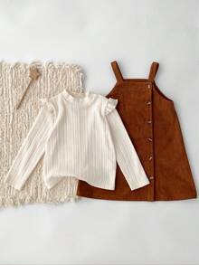 Loomiva Ensemble de t-shirt à manches longues décontracté pour jeune fille, ensemble tricoté côtelé 2 pièces, vêtements d'automne. Ensemble robe pull en velours côtelé, ensemble robe en velours côtelé, ensemble col roulé, ensemble volant ourlet, ensemble robe marron, tenue marron pour enfants - Blanc - Voir 6