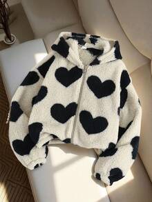 SHEIN 兒童青少年女孩寬鬆休閒毛絨愛心拉鍊長袖連帽雙面抓絨冬季外套 卡其色 適合外出與上學 - 卡其色 - 查看 3