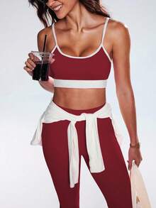 SHEIN Sovereign Charm 女式撞色拼布吊带背心和紧身裤运动套装 - 彩色 - 查看 7