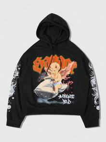 ROMWE MEN Street Life Men's Street Speedboat Angel Print Drawstring Hooded Sweatshirt, For Fall - Black - View 5