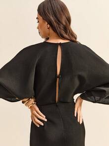 Daynim Solid Knot Front Split Side Denim Dress - Black - View 7