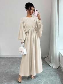 Elenzga Gaun Maxi Wanita Musim Panas Warna Krem Muda yang Sederhana, Gaun Pesta Al-Adha Musim Gugur Elegan Kelas Atas Leher Bulat Lengan Kelelawar Berlipit Ruffle Model A-Line, Warna Polos - Aprikot - View 7
