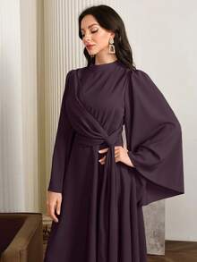 Modelyn Women Elegant Solid Color Bell Sleeve Arabic Dress, Autumn Long Evening Dresses - Brown - View 6