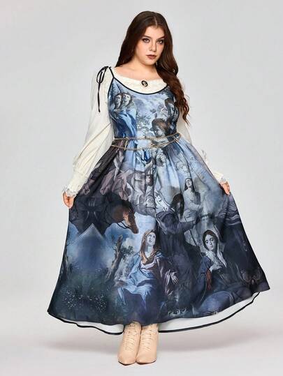 EDITION فستان قصير مطبوع بشكل لوحة زيتية عتيقة ذات طراز ميديفالي