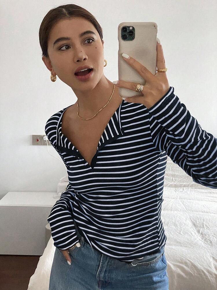Women's Spring Autumn Striped V-Neck Long Sleeve T-Shirt,Fall Women Clothes