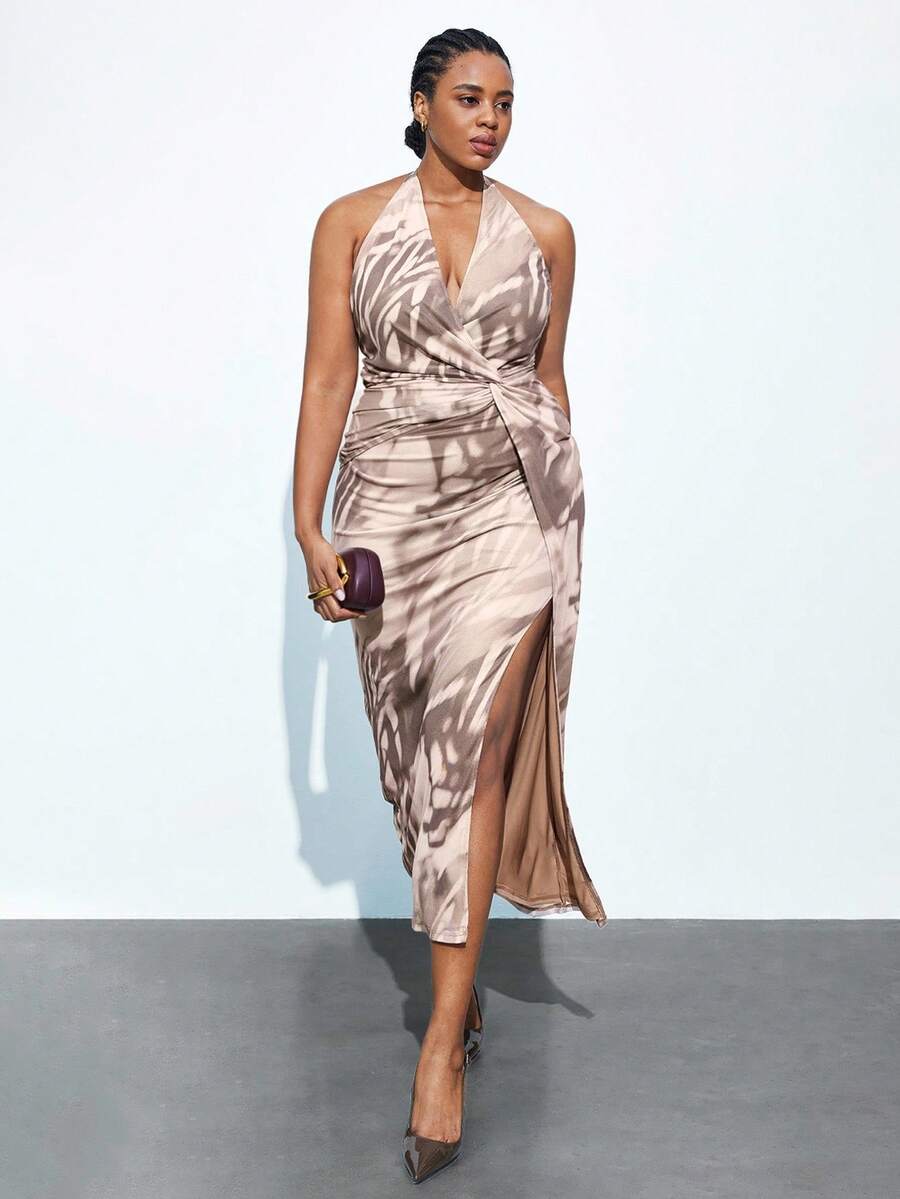 Maija Plus Size Women's Urban Elegant Deep V-Neck Waist Twist Tie Strap High Slit Dress, Winter Plus Size Women's Clothing, Autumn/Winter Women's Apparel, Halloween Costume, Christmas Dress, New Year Party Outfit New Year Women Party Dress Elegant Dresses For Party Party Dresses For Women Elegant Dress Women Elegant Dresses Sexy Sexy Dress Cheetah Print Dres - Multicolor - View 1