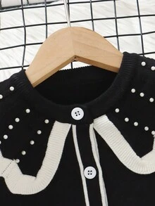SHEIN Elladie kids Young Girls Elegant Black Sweater Co-Ord Set With Pearl Decor Collar, Long Sleeve Knit Cardigan + Wide Leg Knit Pants, Soft Fabric Suitable For Daily, Outdoor, Travel, Holiday, Home, Daycare, School, Party Wear Fall Winter - Black - View 7