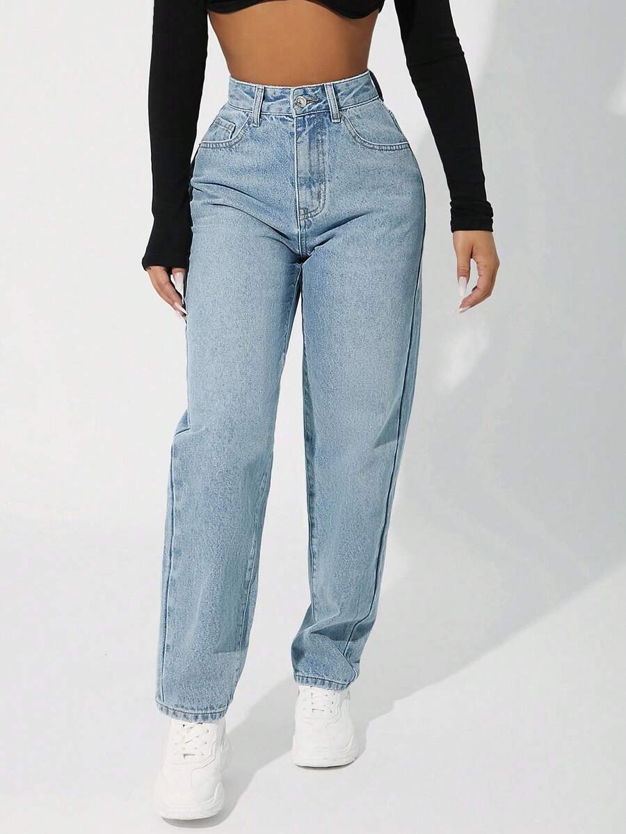 SHEIN PETITE 高腰牛仔褲 - 淺色水洗藍 - 查看 1