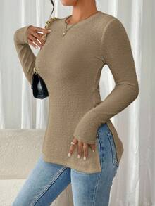 SHEIN Frenchy Women's Casual Solid Color Round Neck Long Sleeve Slit Hem T-Shirt Winter Brown Spring - Khaki - View 5