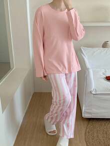 2pcs/Set Teen GirlCasual Comfortable Knit Pullover Top And Butterfly Print Pants Loungewear Set Pink Pajama Set Girls Pajama Set Butterfly Pajama Set 2 Piece Pajama Set Pink Pj Set - Pink - View 8