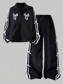2pcs/Set Fashionable Casual Girls' Black Patchwork White Ribbon Sports Jacket With Zipper Stand Collar And Loose Fit Pants, Bowknot Print On Front, White Ribbon Patchwork On Sleeve And Pant Side, Suitable For Autumn/Winter, Warm, Outdoor, Street, Daily Casual, Home, Travel, School Season Fall