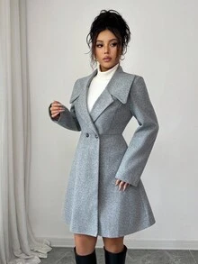 SHEIN PETITE 女士休闲翻领羊毛混纺修身长袖喇叭裙式外套，女士优雅冬季外套，适合秋冬季节、日常穿着、感恩节等场合。 - 灰色 - 查看 3