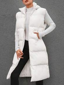 EURMUSE Solid Zip Up Hooded Puffer Vest Coat - White - View 3