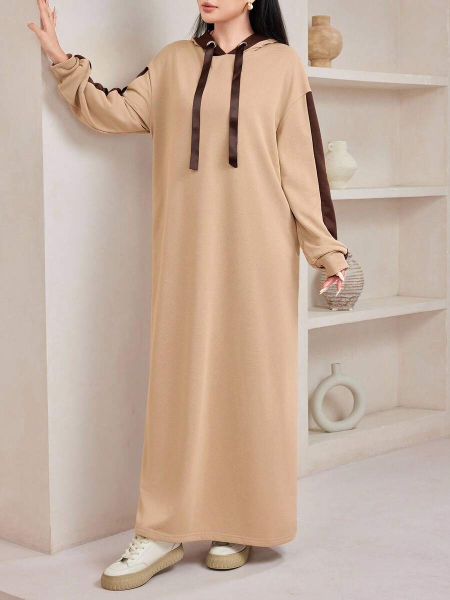 Veilorie 韩版连帽拼色宽松休闲百搭日常穿搭卫衣连衣裙女秋冬装 - 卡其色 - 查看 1