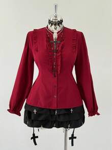 Sunspun Plus Size Ruffled Hem Long Sleeve Casual Solid Color Drawstring Waist Comfortable Shirt - Burgundy - View 5