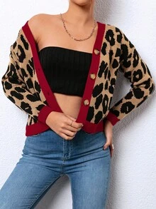 EURMUSE Leopard Pattern Contrast Trim Drop Shoulder Cardigan - Brown - View 5