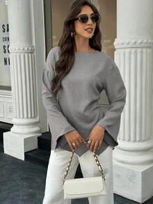 EMERY ROSE 女式纯色船领落肩长袖纹理面料不对称下摆衬衫 - 灰色 - 查看 6