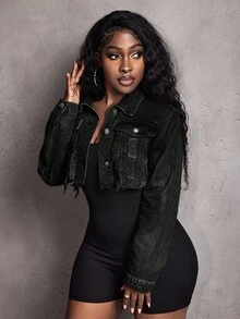 Jeanoix Plus Size Autumn Fashion Washed Flap Pocket Cropped Denim Jacket