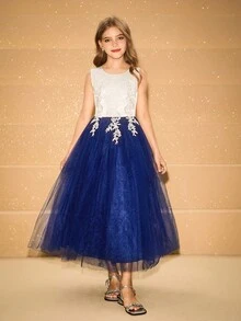 女孩优雅新款圣诞派对长裙雪纺礼服，适合婚礼、派对、主持 - 藏蓝色 - 查看 5